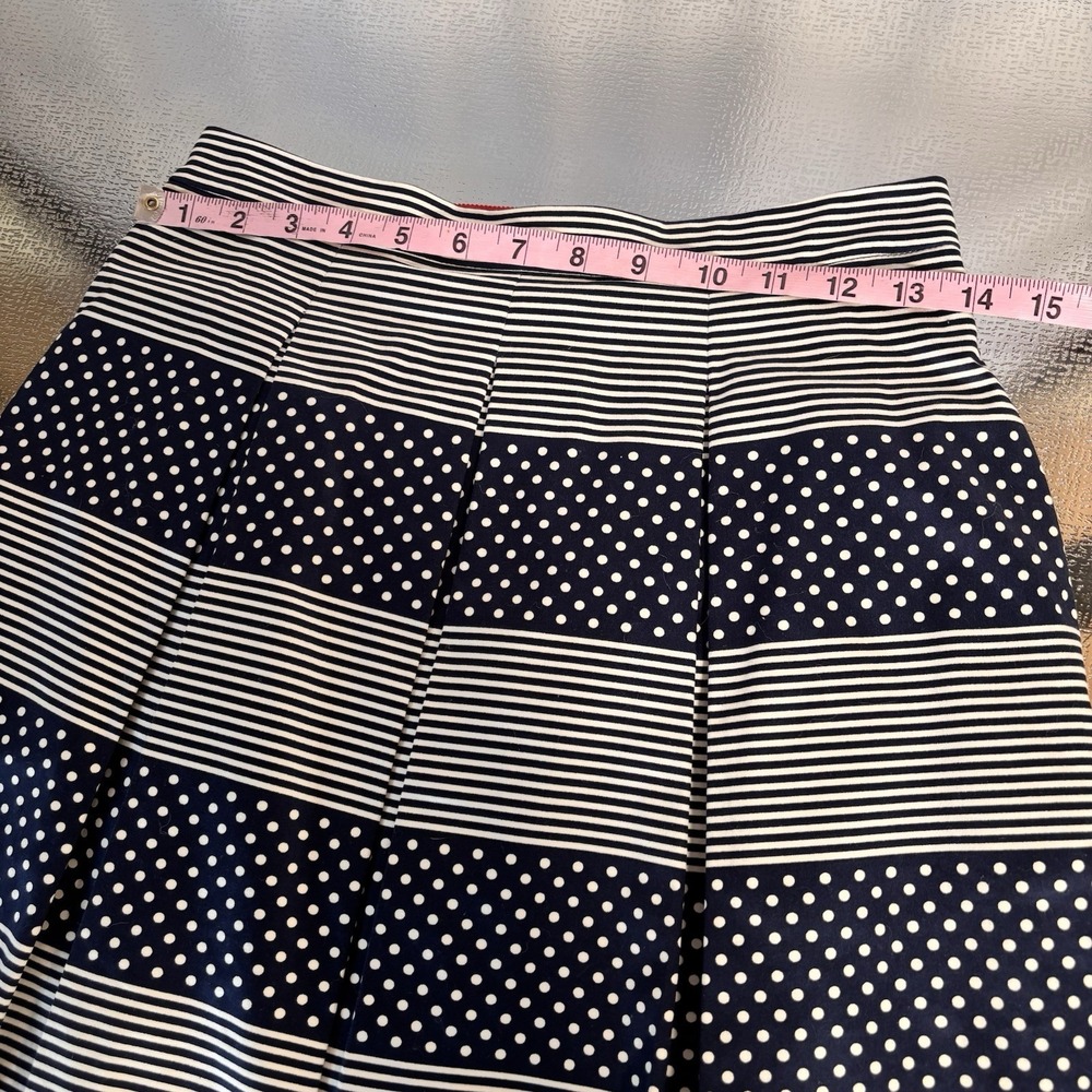 Boden Skirt Womens 4 Pleated Midi Polka Dot Striped Nautical Teacher Navy Blue - Picture 3 of 7